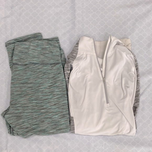 White Zip-Up Top and Green Leggings Set - Picture 1 of 5